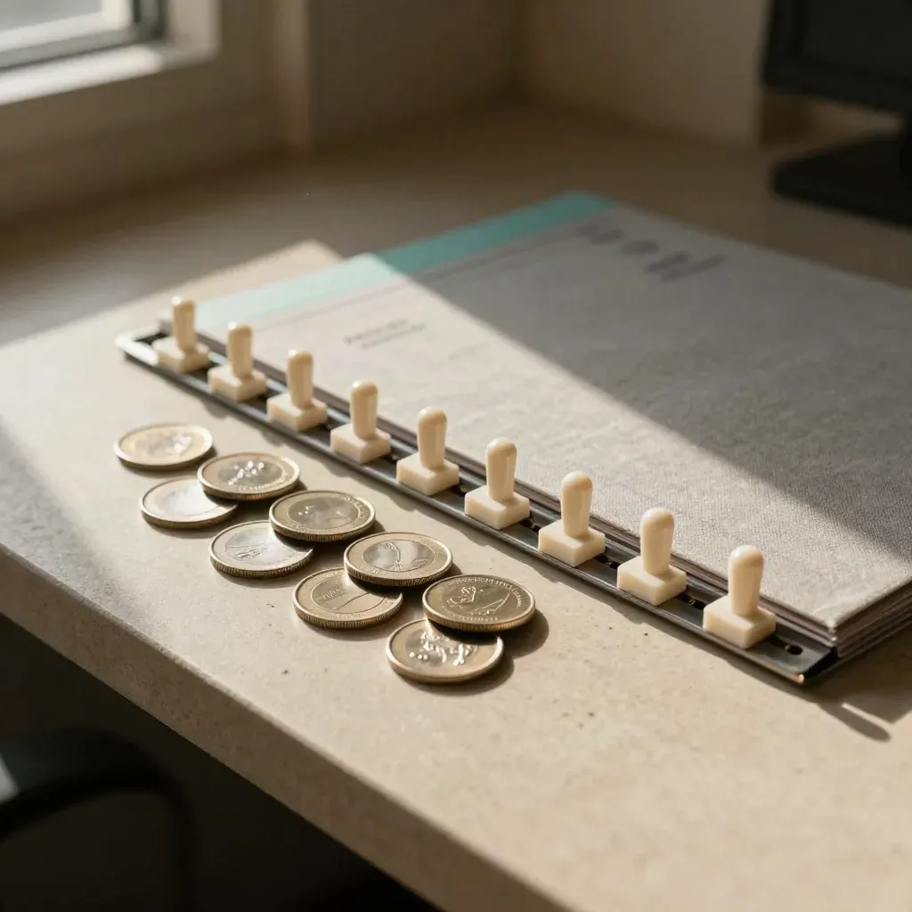 Matte betaaltokens en maandpinnen naast een map; een vast aflosplan in warm licht.