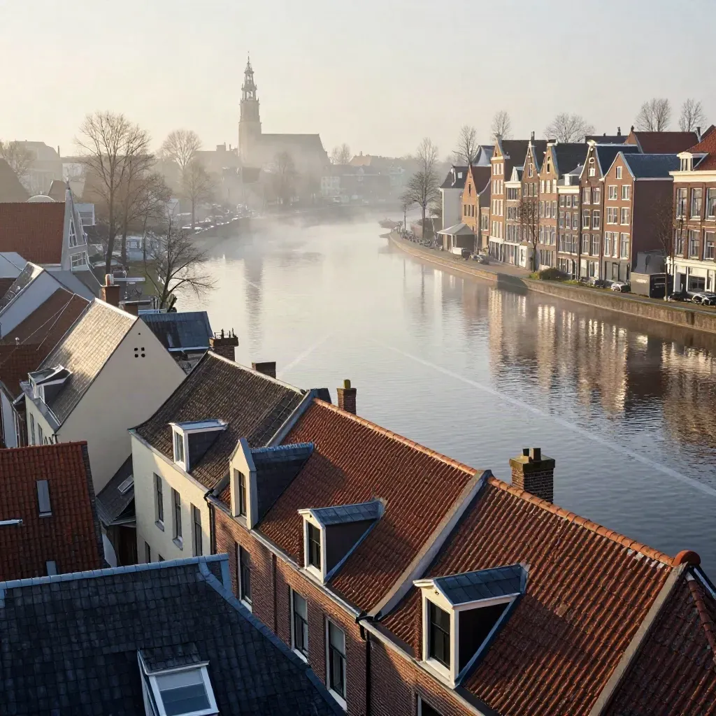 Amsterdamse daken en een kerktoren boven een kalm, mistig grachtenwater