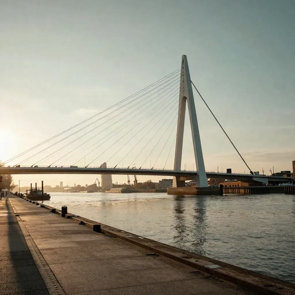 Erasmusbrug boven kalm havenwater in gouden avondmist, met veel rustige ruimte voor copy.