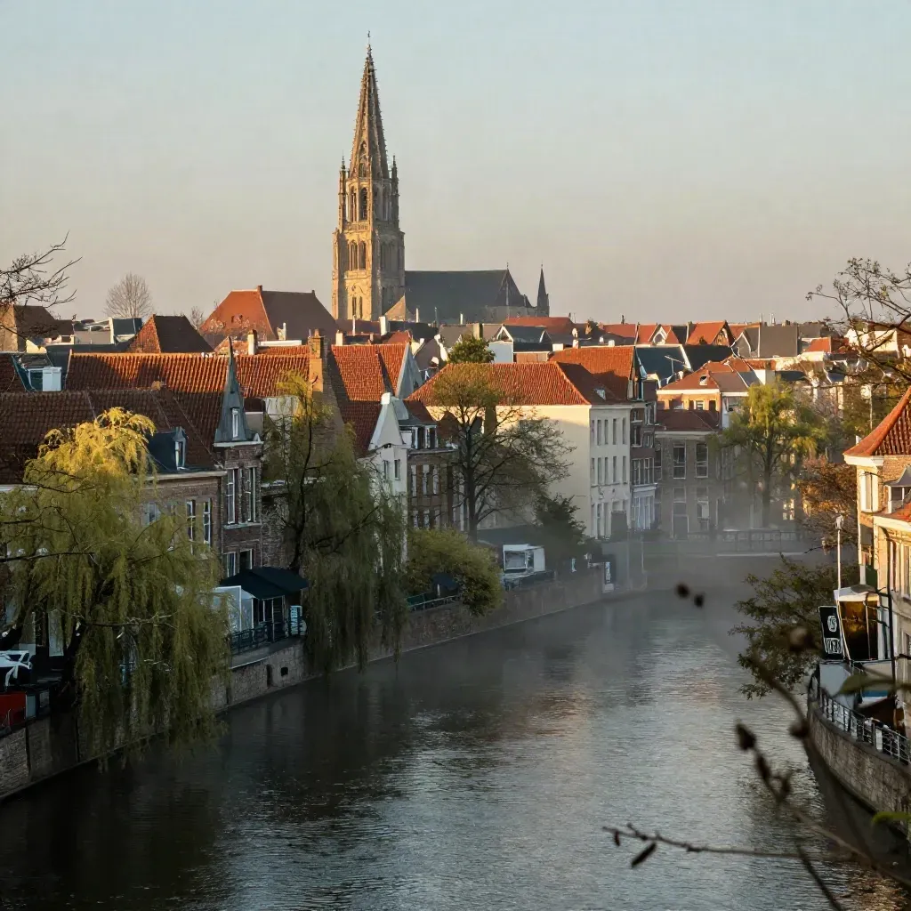 De Domtoren boven mistige Utrechtse daken en een rustige gracht, hoog en sereen in de avond.